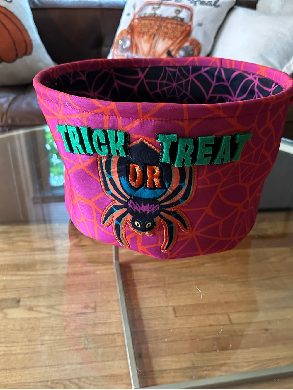 Kids Halloween Trick or Treat Fabric Bucket - Pink Spider Design